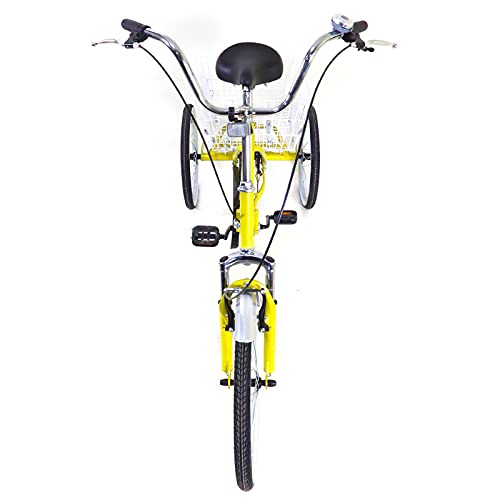 WooDerson 20 Inch Tricycle For Adults, Foldable 3 Wheel Bike Max Load 110Kg, Carbon Steel, Yellow Bicycle 1 Speed, With Basket, Elderly Friendly, For Park Shopping Exercise Etc