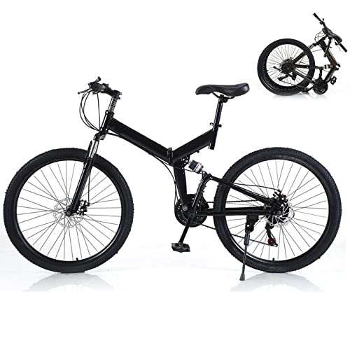 Futchoy 26 Inch Folding Mountain Bike for Adults 21 Speed Mountain Trail Bike with Dual Disc Brakes Foldable Mountain Bike High-carbon Steel Frame Full Suspension Folding Bike (Black)