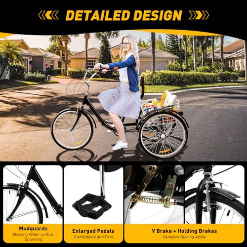 WOLEGM 24 Inch Folding Bike Tricycle for Adults, Foldable 7 Speed Tricycle Cycling Saddle with Backrest and Shopping Basket for Adults and Elderly, Height Adjustable 75-92 cm, Black