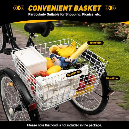 WOLEGM 24 Inch Folding Bike Tricycle for Adults, Foldable 7 Speed Tricycle Cycling Saddle with Backrest and Shopping Basket for Adults and Elderly, Height Adjustable 75-92 cm, Black