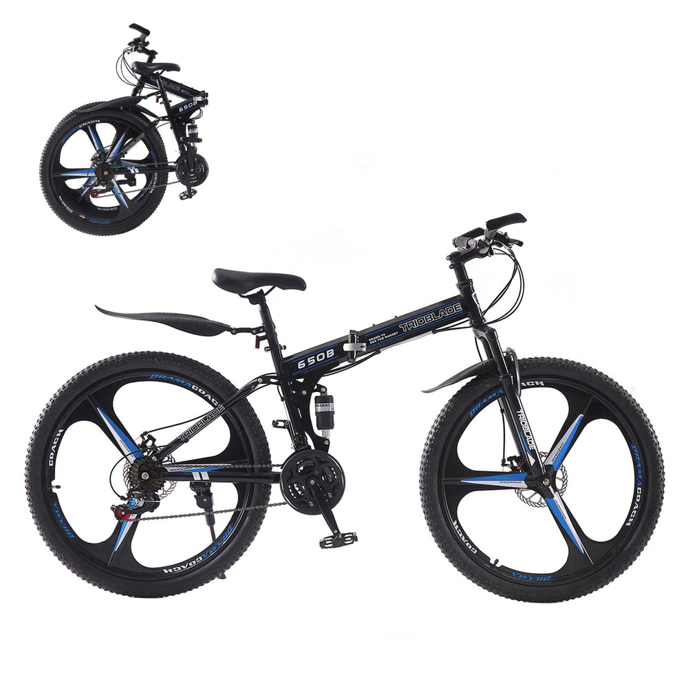 TRIOBLADE 26 Inch Folding Mountain Bike 21-Speed Shimano Foldable Mountain Bicycle with Dual Disc Brakes 3 Spoke Wheels Mountain Bikes,Dual Suspension Design for Adult Men Women (26" - Black& Blue)