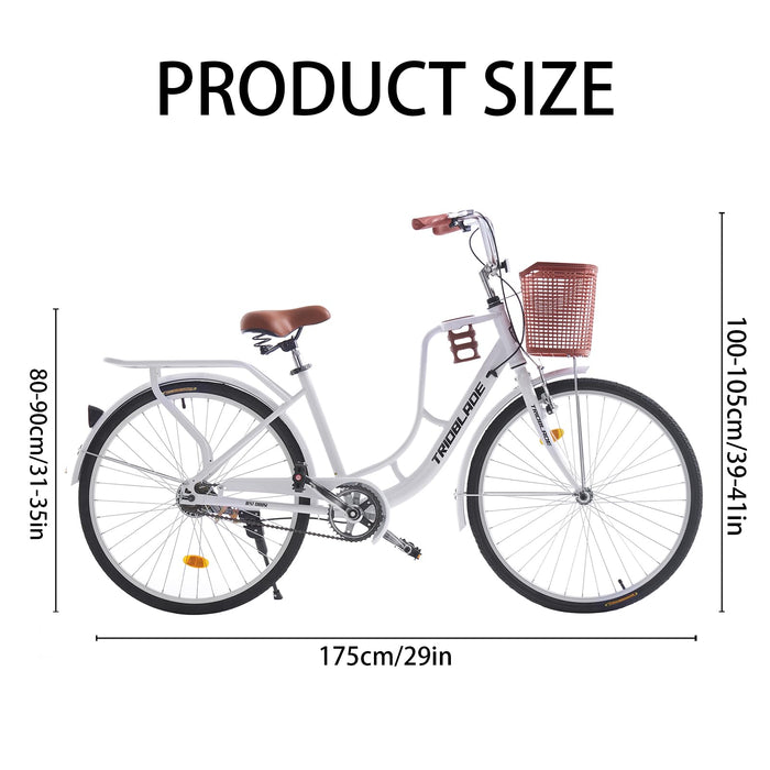 TRIOBLADE Ladies Bike with Basket Hybrid Bike for Women 26 Inch Wheel Lightweight Commuter City bike Retro Bicycle 16" Frame (White)