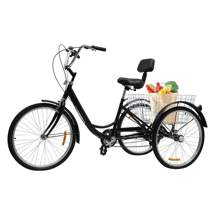 24in Adult Tricycle, 6 Speed Adult Trike, 3 Wheel Cargo Bike, Cruiser Bike with Basket, Adjustable Saddle and Handle, for Entertainment, Shopping, Exercise, Black