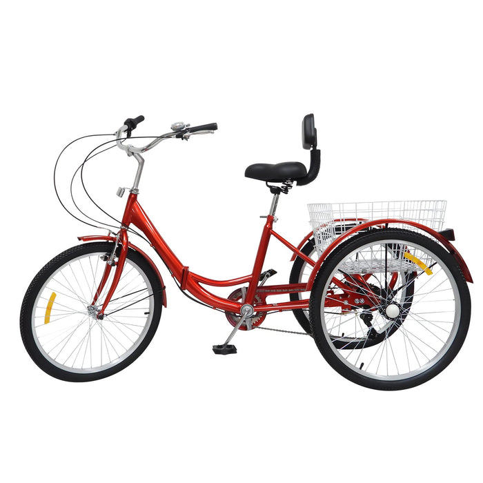 Folding Adults Tricycle 24" 3 Wheels 7 Speed Tricycle For Adults|3-Wheel Bicycle with Shopping Basket Adult Tricycle with Backrest & Bell-Freely Adjustable Hight (Red)