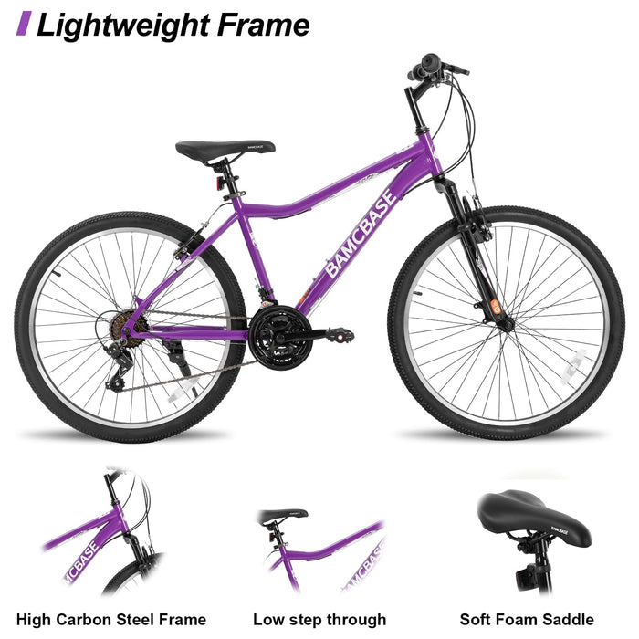 Hiland 26 Inch Women’s Mountain Bike, 21 Speed Steel Frame Adult Bicycle, Man MTB Bikes with Suspension Fork, Purple