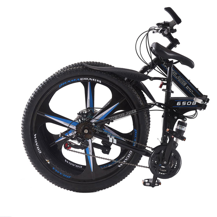 BSTSEL 27.5Inch Adult Folding Mountain Bike,Dual Suspension Mountain Bikes with 27.5 Inches 3-Spoke Wheel, Shimano 21 Speed Mens and Womens Foldable Mountain Bicycle (27.5 Inch Black& Blue)