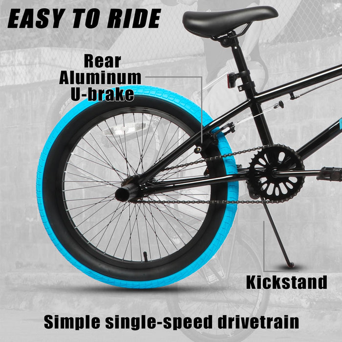 AVASTA 20 Inch Freestyle BMX Bicycle Big Kids Teenager Bike for Age 6 7 8 9 10 11 12 13 14 Years Old Boys Girls Teen Youth Adult and Beginner-Level Rider with 4 Peg, Black with Blue Tires