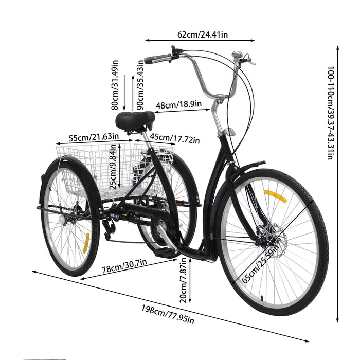 26 Inch Adult Trike Bike, Aluminium Alloy Three Wheel Bike Adult Tricycle with Shopping Basket 3 Wheel Bike for Adults 6-Speed Tricycle for Adults, Disc Brake Tricycle with Shimano Transmission