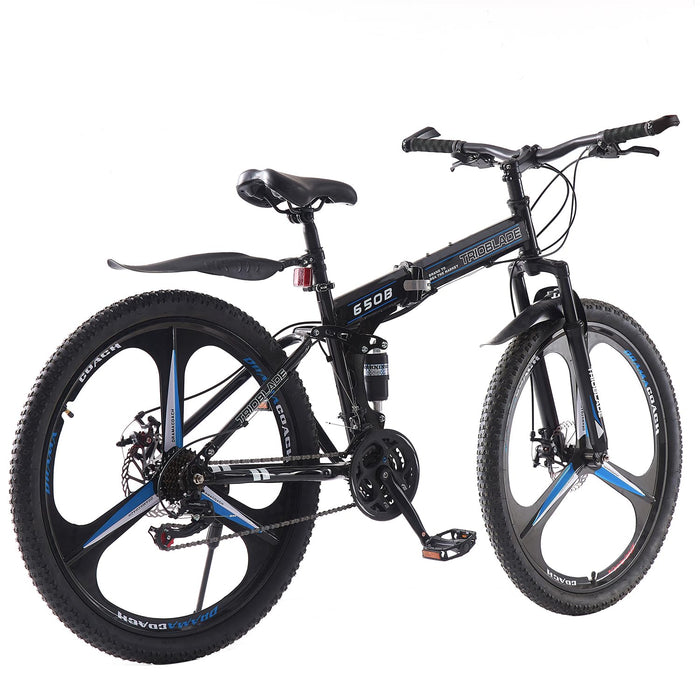 BSTSEL 27.5Inch Adult Folding Mountain Bike,Dual Suspension Mountain Bikes with 27.5 Inches 3-Spoke Wheel, Shimano 21 Speed Mens and Womens Foldable Mountain Bicycle (27.5 Inch Black& Blue)