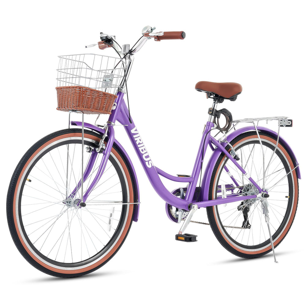 Viribus Women’s Cruiser Bike, 66 cm 7 Speed Bicycle for Women, Beach & City Cruiser Bike with Shimano Derailleur Rattan Basket Steel Rack, Step Through Bike for Women Adults, Purple