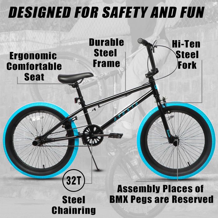 AVASTA 20 Inch Freestyle BMX Bicycle Big Kids Teenager Bike for Age 6 7 8 9 10 11 12 13 14 Years Old Boys Girls Teen Youth Adult and Beginner-Level Rider with 4 Peg, Black with Blue Tires