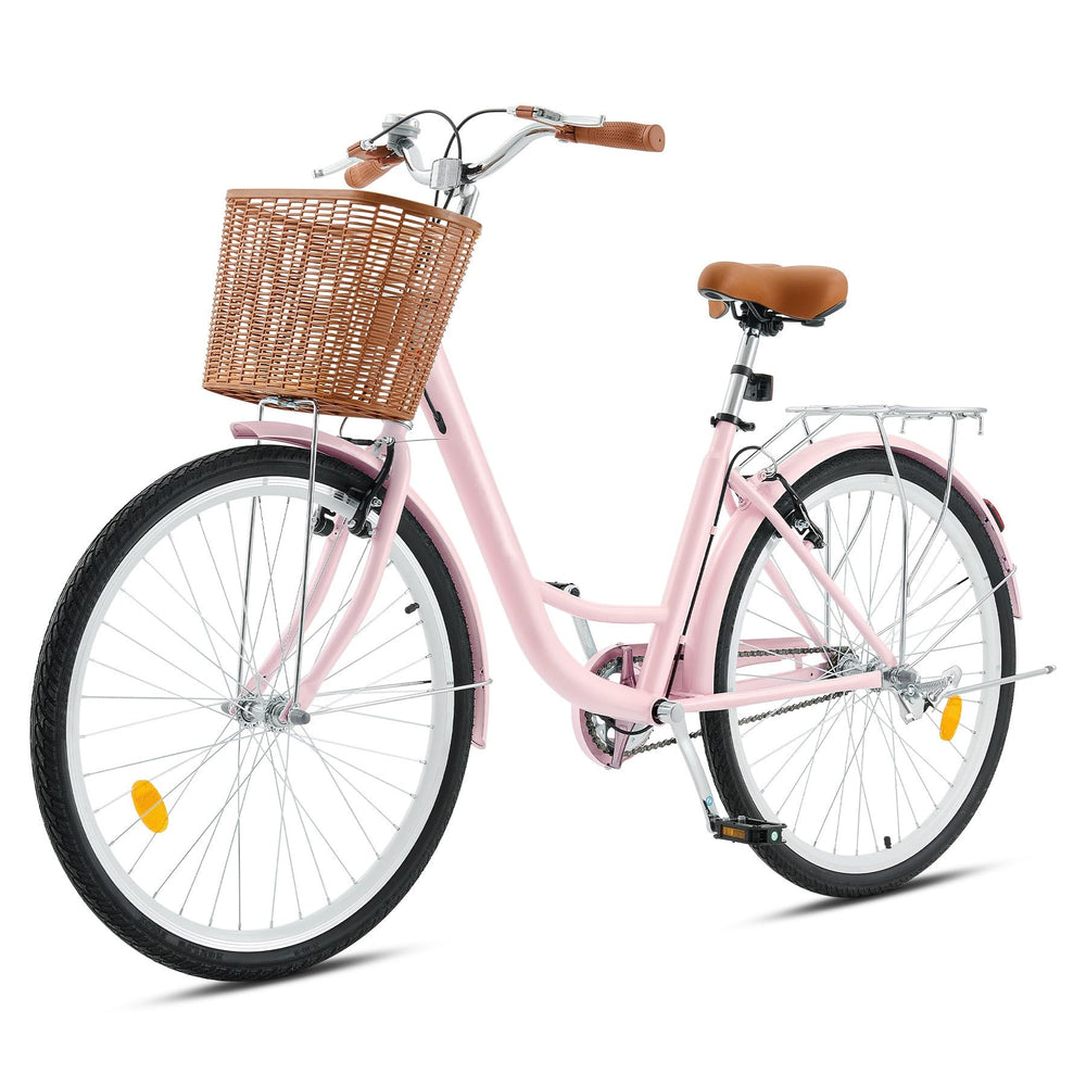 CO-Z Womens Cruiser Bike, 26 Inch Womens Bike with Basket, Beach Cruiser Bike for Short Women with Rear Rack, Adjustable Step Through Bike, Commute Bike Bicycle for Women Ladies Girls Adults, Pink