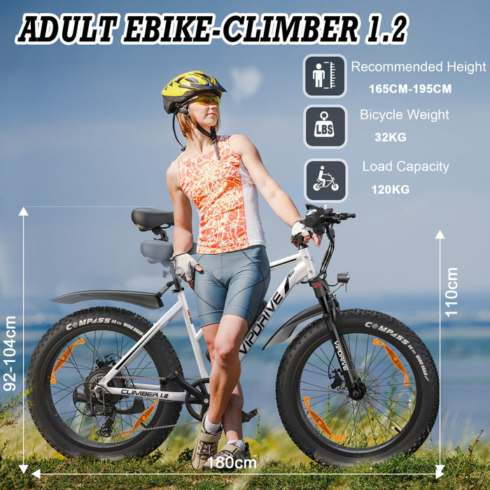 Vipdrive Electric Bikes for Adults, E-Bike with 48V 13Ah Removable Battery, 26" X 4" Fat Tire, 5 PAS Modes, 7 Speeds, Up to 25 Km/h, Large LCD Display, Up to 100 KM E Mountain Bikes(Climber 1.2 White)